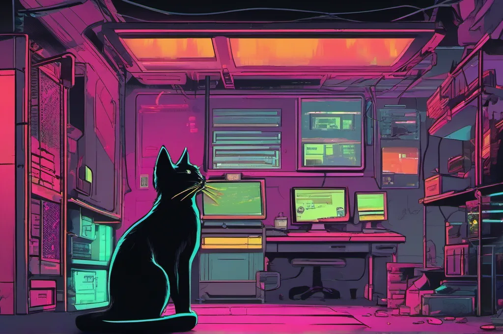 Filesystem MCP Server: A sturdy cabinet with a single open cubby stands inside a small fenced work area. One cyberpunk cat slides a plain, unmarked folder into the cubby, framed by a near-black setting and sharp neon glows. Keep the other cabinet fronts closed and free of labels..