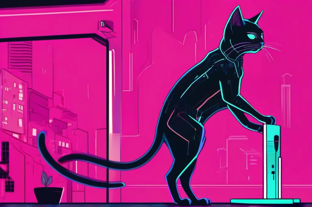 AutoGen: A sleek cyberpunk cat stands before a tall, double-pane neon mirror glowing with magenta light. The cat tilts its head, observing its reflection, and subtly adjusts its posture as the mirror emits a soft pulse, prompting further refinement in a loop of self-correction..