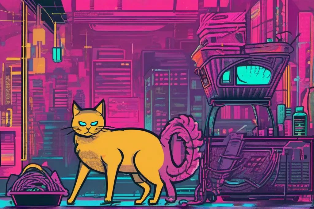 LlamaIndex: Three distinct woven baskets sit in a fan shape on a shadowy worktable as a cyberpunk cat lifts one small, textured cloth swatch from a matching basket. The other baskets hold different plainly visible materials, making the cat’s single choice clear. Neon light edges the scene; nothing bears writing or labels..