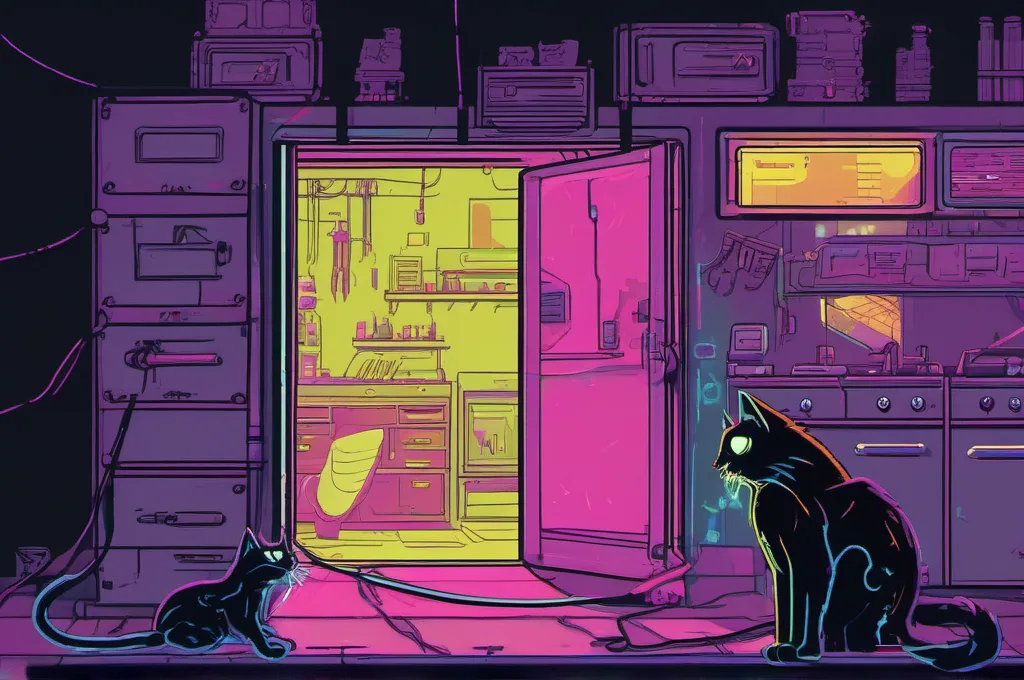 OpenAI API — GPT-6 Luna: A cyberpunk cat yanks a single forked cord, swinging several small mechanical doors open at once in a dark, compact workshop. The doors reveal neatly arranged unmarked tools; crisp neon glows trace the cord and hinges against the near-black surroundings..