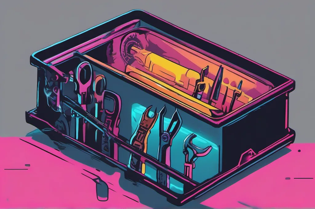 GitHub MCP Server: A compact metal tool tray holds a neat row of small hand tools. One cyberpunk cat selects a single wrench and places it in the tray’s open compartment, under crisp neon glows against a near-black setting. The tools are plain, with no markings..