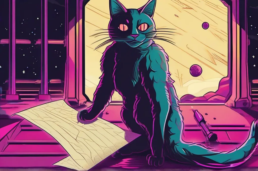 Gemini API — Gemini 4 Argon: A cyberpunk cat unrolls an enormous blank paper scroll across the floor of a shadowy observatory, its long unbroken sheet curling past a brass telescope. Neon glows catch the paper’s edges and the telescope’s silhouette; the scroll carries no marks or writing..