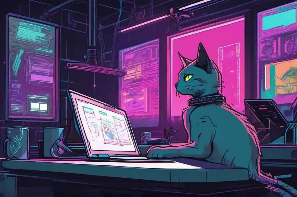 Notion MCP: An open ring binder rests on a low desk with several blank pages inside. One cyberpunk cat clips a fresh, unmarked sheet into the binder, framed by a dark, intimate workspace and vivid neon highlights. Keep the page and binder free of writing or symbols..