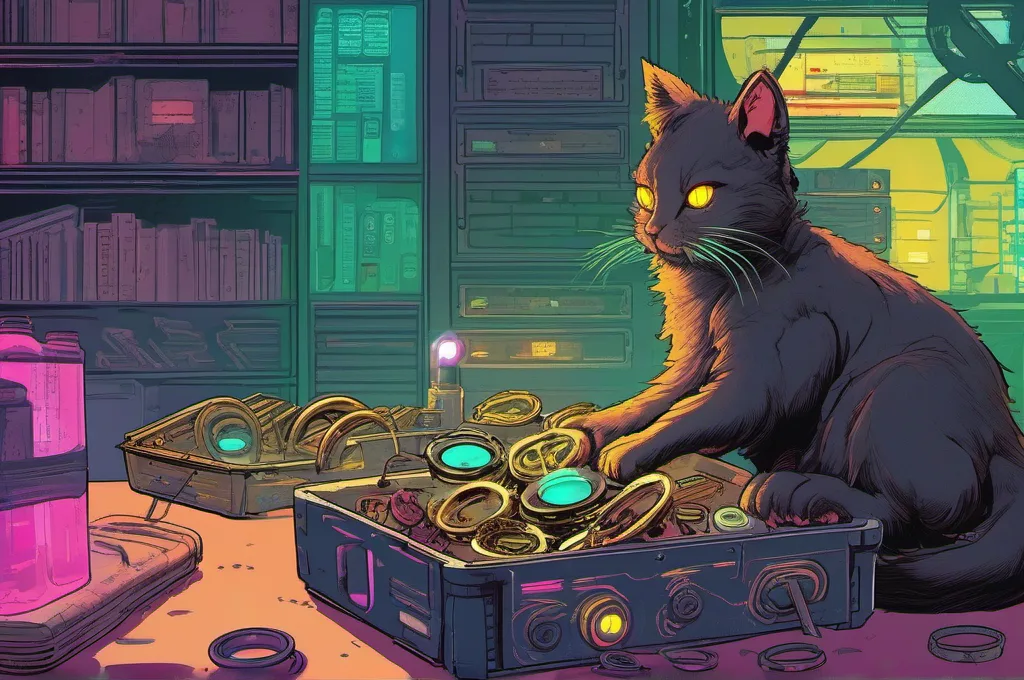Braintrust: Nested sorting trays and a small clockwork assembly sit in a shadowy archive nook. One cyberpunk cat drops a chipped cog into the shallow top tray, with the layered metal rings catching a restrained neon glow. Every object is blank and unlettered..