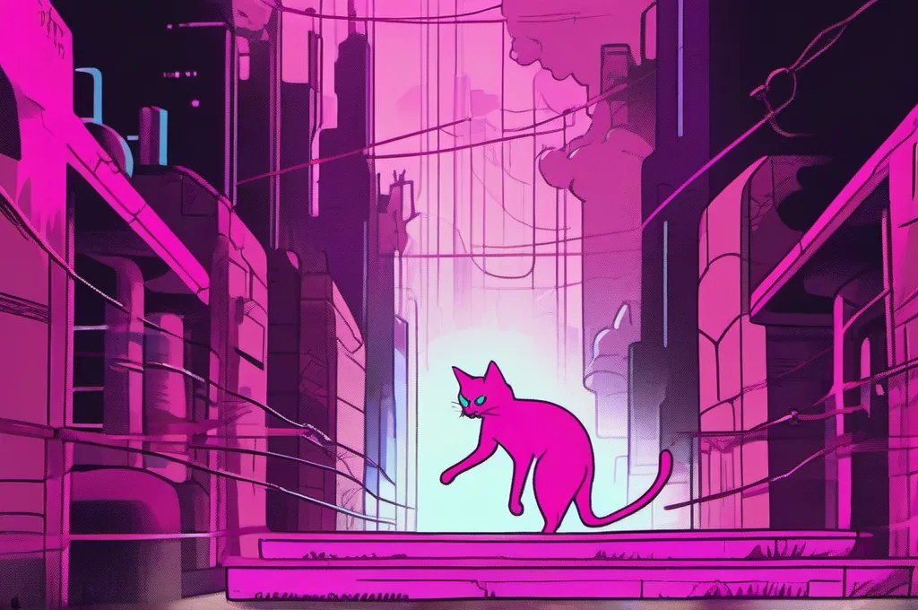 LangGraph: A neon-furred cat carefully navigates a suspended stone path over a dark abyss, pausing on a glowing magenta checkpoint platform. From this safe ledge, the cat looks ahead, planning the next sequence of stepping stones before leaping across the gap..